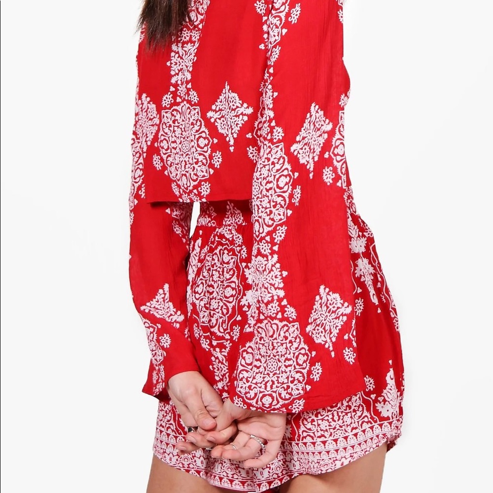 Boohoo Red Tribal Print Shorts Co-Ords Set - Picture 6 of 8